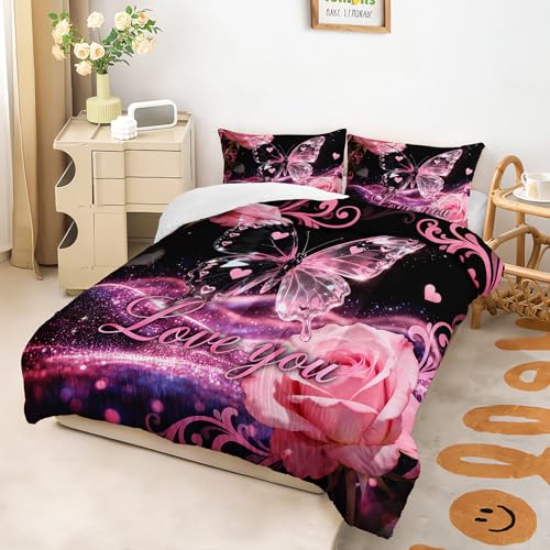 Image of AILONEN Pink Butterfly Bedding Set Queen Size,Romantic Rose Hearts Comforter with 2 Pillowcases,3-Piece Pink & Black Glitter Quilt Set for Girls Teens Women