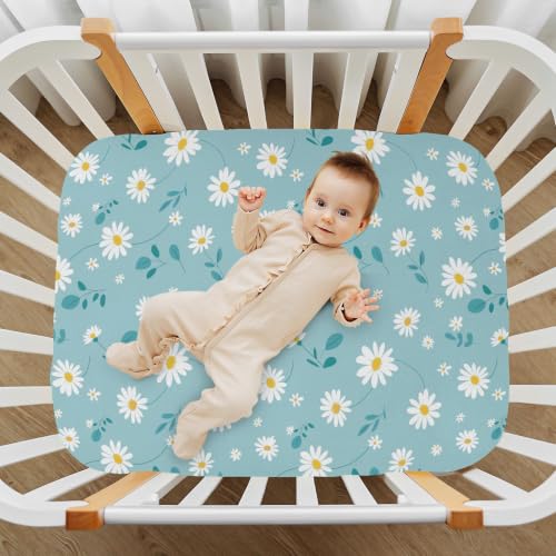 Image of Crib Sheet Breathable Soft Crib Mattress Sheet for Baby Toddler Boys Girls Fitted Pack n Play Crib Sheet Fit Standard Crib Mattress 52 x 28 Inch Simple Blue Daisy