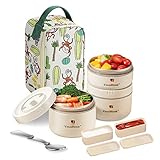 VANDHOME Portable Insulated Lunch Box Set, Microwave Safe Thermal Bento Lunch Container For Adults Kids, 18/8 Stainless Steel Keep Warm Food Container With Bag & Sauce Box (Beige 3Pcs 60oz)