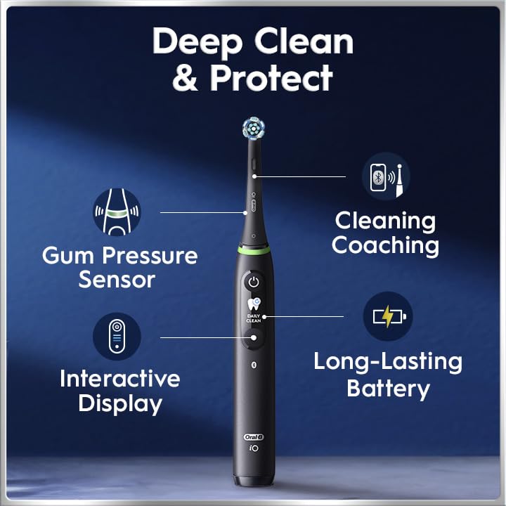 Image of Oral-B Rechargeable Electric Toothbrush, iO7 Limited Deep Clean + Protect, 5 Cleaning Modes, Interactive Display, Visible Pressure Sensor, 2 Brush Heads, Charging Travel Case, Sapphire Blue