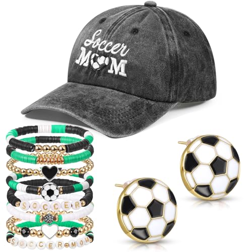 10 Pcs Baseball/Soccer Mom Accessories, Mom Hat with 8 Pcs Stackable Beaded Stretch Bracelets and Earrings for Women Gift