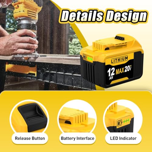 Image of DCB200 12000mAh 20V Replacement for Dewalt 20V Battery | Compatible with Dewalt 20V Max Battery 2 Pack Lithium DCB205 DCB203 DCB207 DCB201 DCB206 DCD /DCF /DCG Series Power Tools (2)