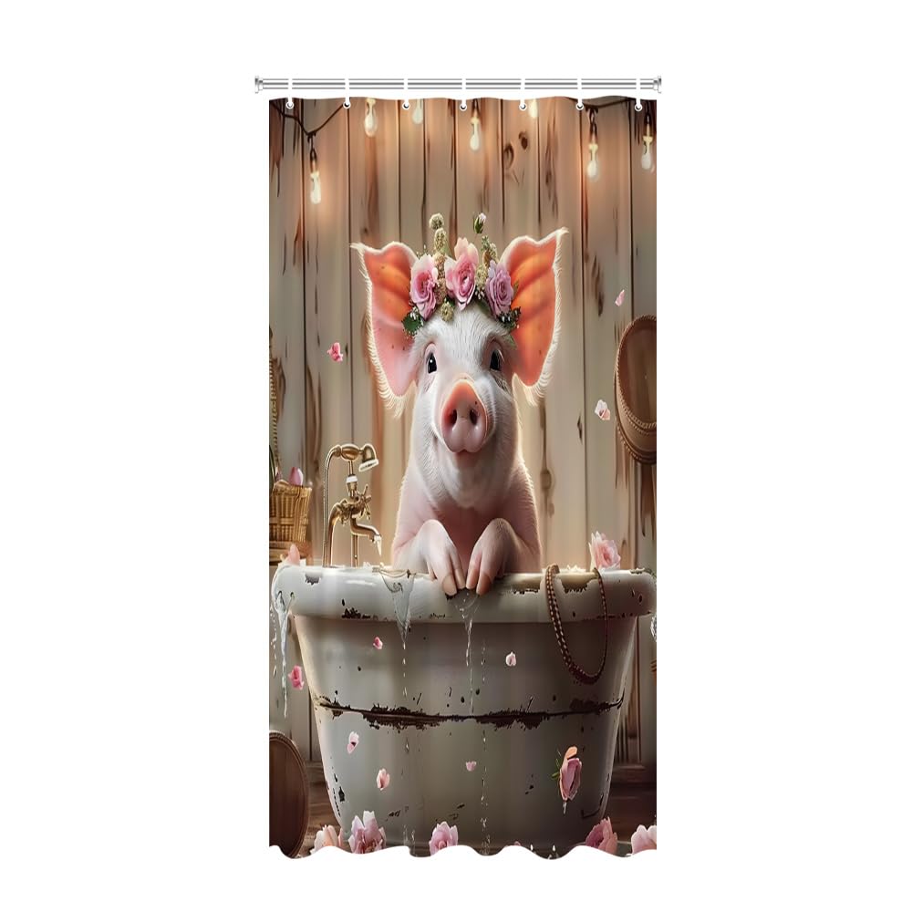 UOZXOML Farmhouse Pig Shower Curtain Funny Farm Animal in Bathtub Rose Flower Rustic Wooden Board Fabric Bathroom Decor Curtains with Hooks,47 x 70