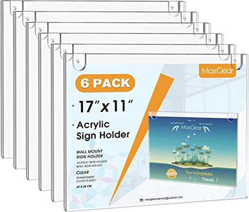 Image of MaxGear Acrylic Wall Mount Sign Holder, 11 x 17 Landscape, 6 Pack | Includes Adhesive Tapes and Screws, Clear Acrylic Display for Signs, Posters and Documents, Ideal for Office, Home, Store