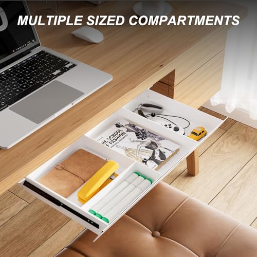 Image of White Under Desk Drawer with Removable Tray, 22.4 inch Wide 2-in-1 Organizer - 60 Ergonomic Tilt, 4-Compartment Insert for Pens, Phones & Cables, Ball Bearing Slides, for Home Office & Student Desk
