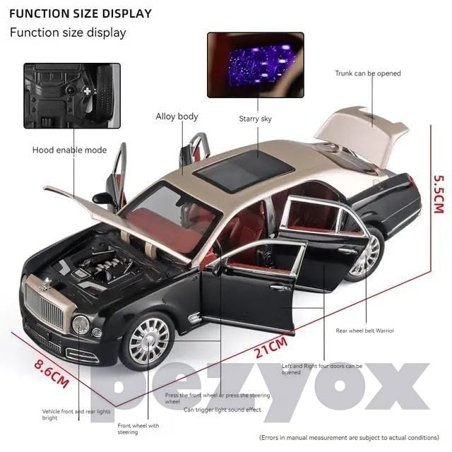 Image of Bentley MULSANNE 1:24 Diecast Scale Model Metal Pull Back Toy car for Kids with Openable Doors & Light, Music Toy Vehicle for Kids (Gold+Black)