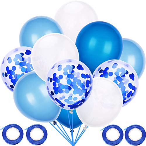 Blulu 60 Pieces Royal Blue Confetti Latex Balloons with 4 Rolls Balloon Ribbons 12 Inch Blue Series Balloon for Birthday Wedding Baby Shower Party Decoration