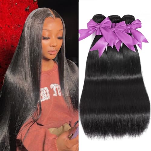 CHUANMUJY 12A Bundles Human Hair 12 14 16 Inch Straight Human Hair 3 Bundles 100% Unprocessed Brazilian Remy Virgin Hair Extensions Raw Quick Weave Sew In Glossy Billion Hair Bundles Natural Black