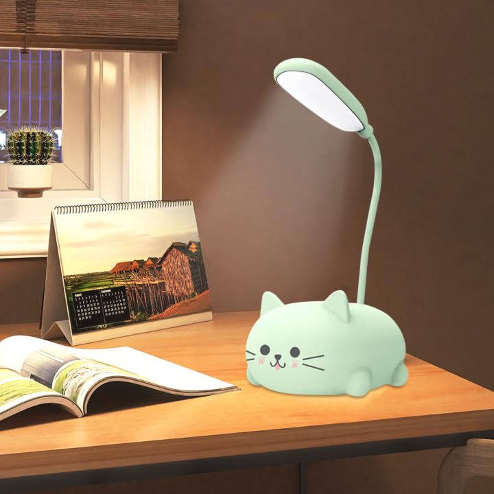 Hojalis Lámpara de Escritorio para Niños, Lámpara de Mesa de Gatito, Lámpara de Mesa LED con Soporte para Teléfono Móvil, Lampara Escritorio Infantil, Recargable por USB, para Trabajo, Leer, Estudiar