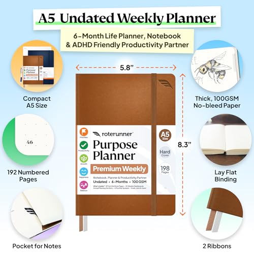 Roterunner Purpose Planner Notebook A5 5.8”x8.3” Undated 2026 Daily Weekly and Monthly Productivity Goal Setting Tool for Work Home ADHD Planner for Adults Self Care Journal (Tan Hardcover) - Image 3