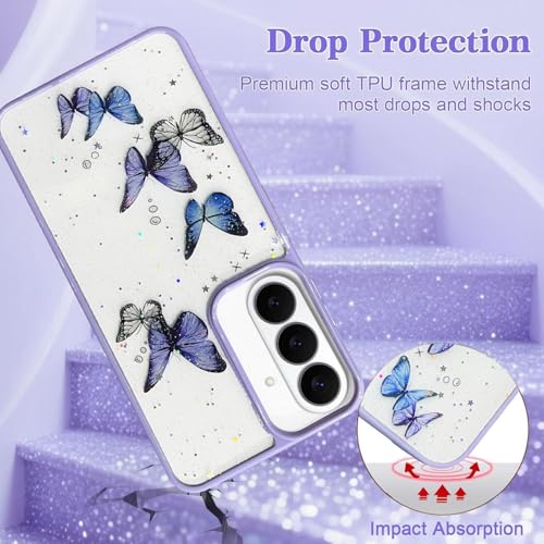Image of VONZEE for Samsung Galaxy S26 Clear Glitter Butterfly Case, Cute Bling Sparkle Shiny Soft Silicone TPU Bumper Shockproof Women Girls Slim Protective Phone Cover, Purple