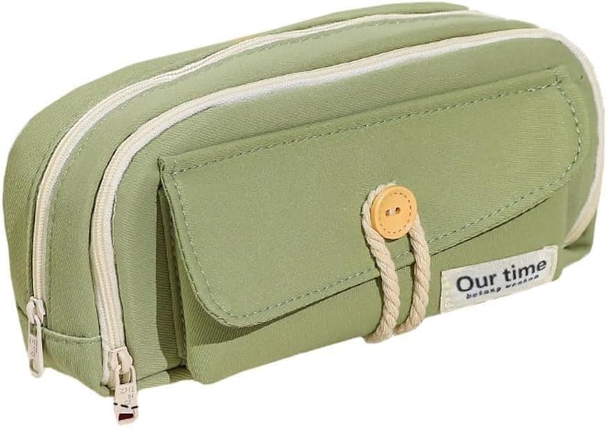 Image of Kawaii Cute Aesthetic Pencil Case for Girls & Boys | 3 Layer 6 Compartment Large Capacity Pencil Pouch with Zipper | Cartoon Stationery Organizer Bag for Students & Kids (Green)