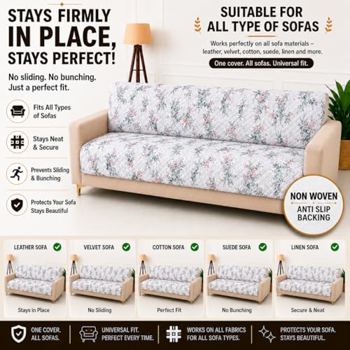 Image of Homerz Premium Printed Quilted Velvet Sofa Slip Cover Protector with Tassels, Sofa Mat, Exact Size, Antislip Cover (Grey Autumn, 6 (3+2+1) Seater, Full)