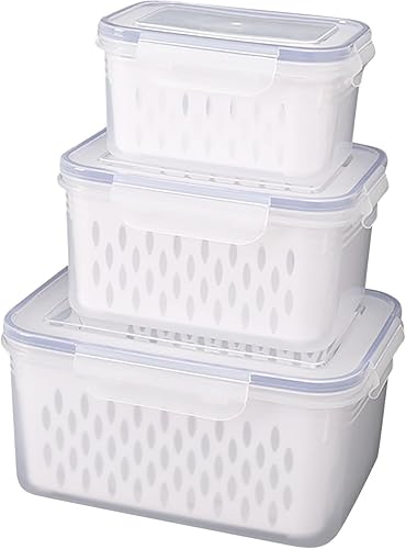 Contenedores de almacenamiento de frutas para refrigerador con tapas y asas, paquete de 3 recipientes herméticos sin BPA a prueba de fugas,