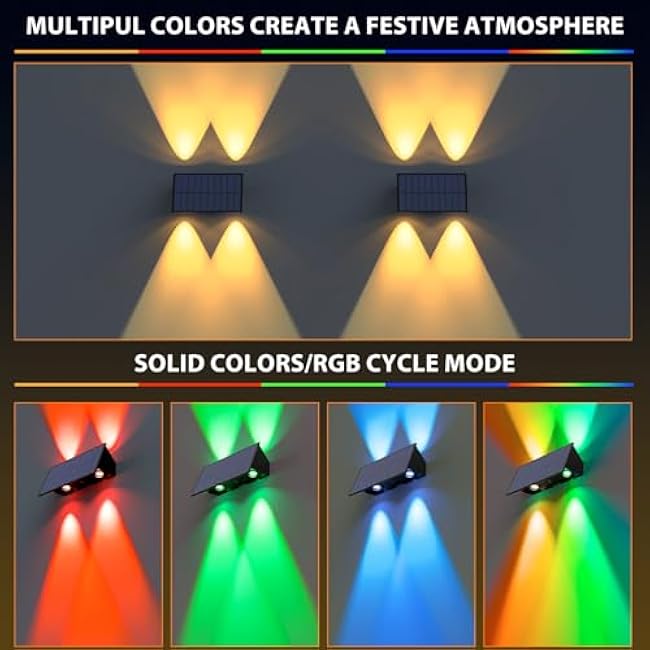 Solar Fence Lights,6Pack Solar Lights Outdoor Warm White + RGB Up & Down Waterproof 100 Lumens Dusk to Dawn Large Solar Wall Lights for Backyard/Pool/Railing/Patio/Porch/Step/Wall