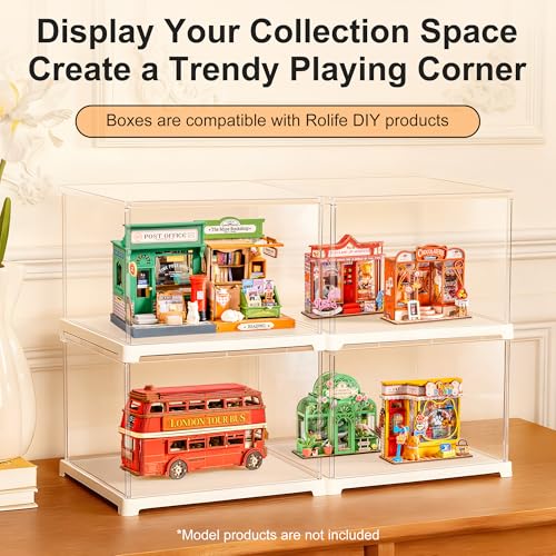 Image of Rolife Acrylic Display Case Dust Cover for Collectibles, Dustproof Protection Showcase with White Base with Door for Mini Dollhouse, 3D Puzzles (8.8''x7.6''x6'')