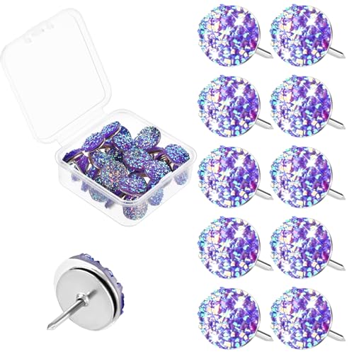 Mabor 30Pcs Decorative Thumb Tacks Purple Push Pins Glitter Rhinestone Cute Decorative Push Pins for Corkboard Flat Pushpins for Wall Hangings Bulletin Board Home Office Supplies