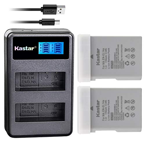 Kastar Battery (X2) & LCD Dual Slim Charger for EN-EL14a, EN-EL14, ENEL14A, ENEL14 & Coolpix P7000 P7100 P7700 P7800, D3100, D3200, D3300, D3400, D5100, D5200, D5300 DSLR, Df DSLR, D5600
