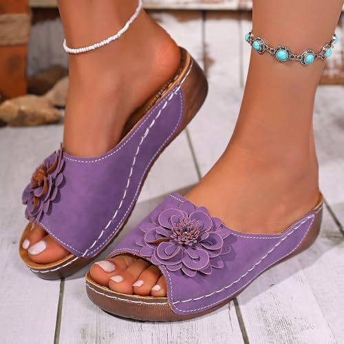 Womens 3D Flowers Orthopedic Wedge Sandals Summer Beach Floral Slip-On Wedge Sandal Arch Support Fish Mouth Open Toe Boho Slippers3