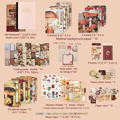 Image of GDNK Scrape Book Kit Scrapbooking Kit Vintage Journal Scrapbook Pack DIY Paper Stickers, Craft Kits Notebook, Collage Album Aesthetic Sticker Journaling Scrapbook Photo Album (Red Mushroom)