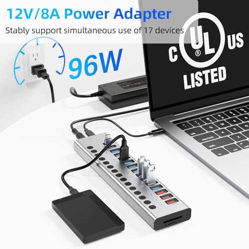 Image of VANGREE Powered USB Hub 10Gbps, 17 Ports USB 3.2 Hub, 96W Power Adapter