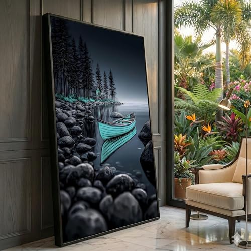 Tableau paysage lacustre anti-UV de 70x110 cm avec châssis