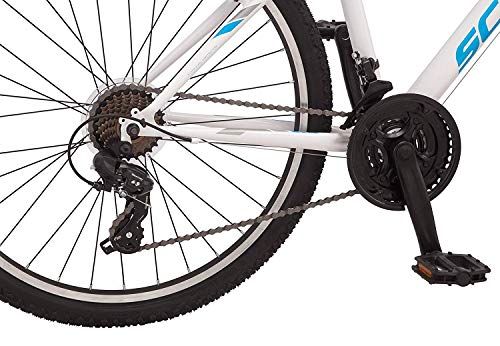 Image of Schwinn High Timber Mountain Bike for Adult Men Women, 26-Inch Wheels, 21-Speeds, Front Suspension, Steel Frame and Alloy Linear Pull Brakes, White /Blue