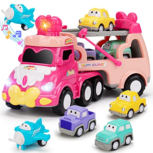 Toddler Car Toys For 1 2 3 4 Year Old Girl Birthday Gifts 5-In-1 Pink Princess Transport Carrier Trucks For Toddlers 1-3 With Lights & Music Little Toddler Girl Toys Age 1-2 2-3 2-4 Baby First Present #TOP6