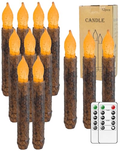 Image of 12Pcs 6.5'' Primitive Taper Candles with Timer Remote | Hand Dipped Real Wax Rustic Flameless Candle for Vintage Primitive Home Kitchen, Country Room, Christmas Halloween Decor