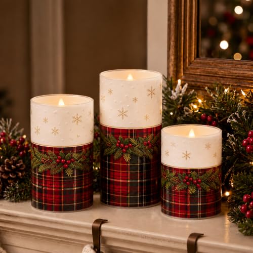 Image of Tujoe 3 Pcs Christmas Tartan Plaid Flameless Candles LED Pillar Candle