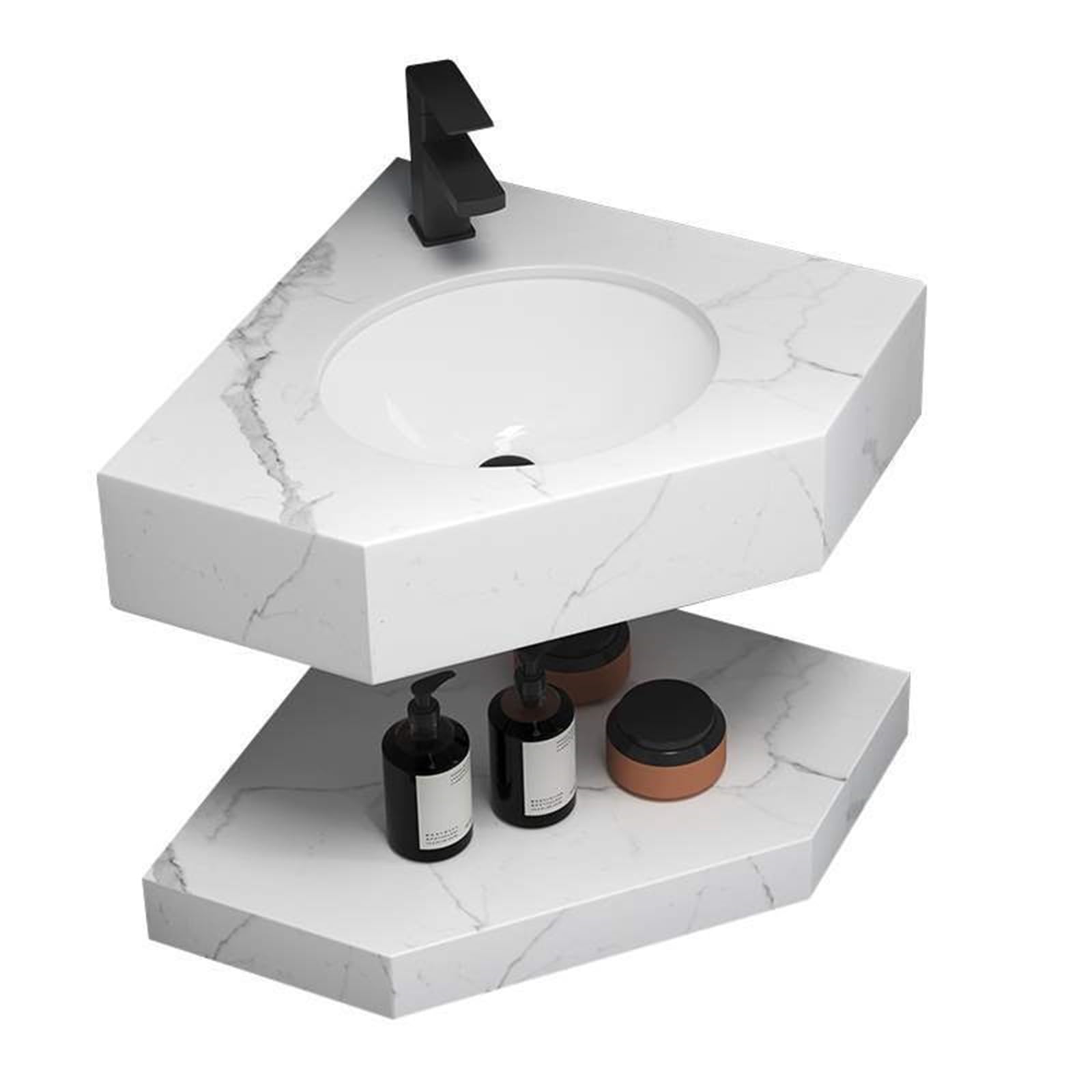 GLJTUO Corner Bathroom Vanity with Quartz Countertop & Faucet, Space-Saving Floating Cabinet, Stylish Corner Pedestal Sink for Small Bathrooms, Modern Design