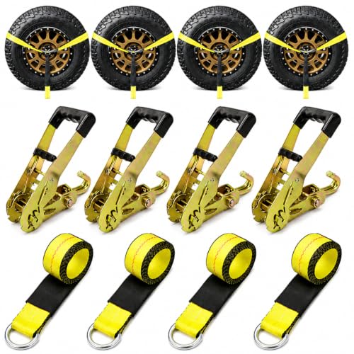 BoxerTool Car Tie Down with Swivel J Hooks - Lasso Style - 2" x 120" - 4 Pack - for Trailers - Flat Bed - Towing - Power Sports