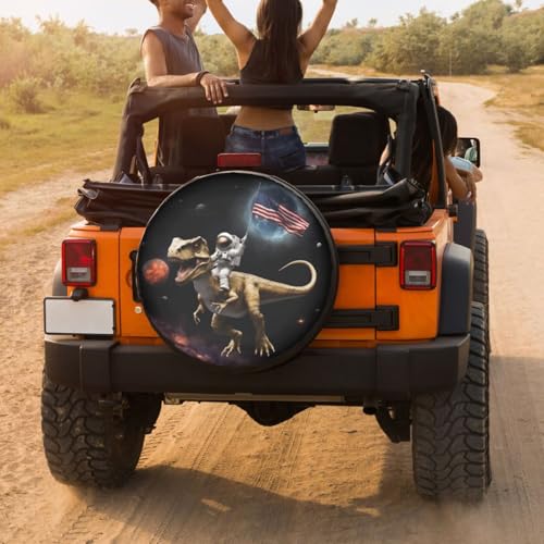 Image of Delerain Astronaut Dinosuar American Flag Spare Tire Cover for RV Trailer SUV Truck and Many Vehicle, Wheel Covers Sun Protector Waterproof (15 Inch for Diameter 27 inch-29 inch)