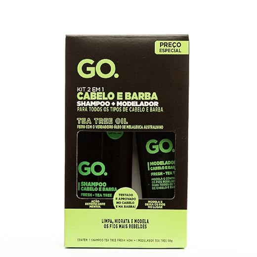 Kit Shampoo + Modelador cabelo e barba Tea Tree, anti coceira e anticaspa natural, Go Man