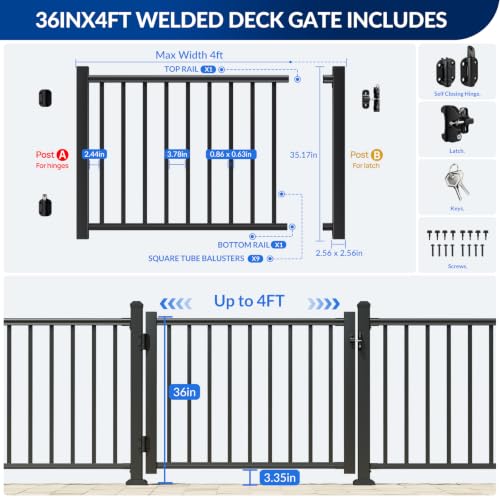 Image of Egadis 36in.H x 4 ft.W Welded Aluminum Deck Gate Kit with Latch and Auto-Closing Hinge, Designed for Super Easy DIY, Cuttable AAMA 2604 Outdoor Gate Kit for Deck, Patio, Garden, Yard, Porch