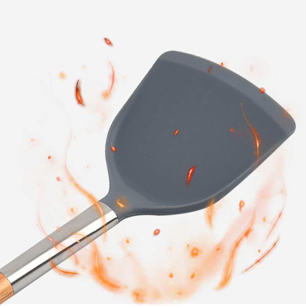 Pala de silicona antiadherente con mango largo de madera, utensilios de cocina resistentes al calor, espátula wok de 13.7 pulgadas