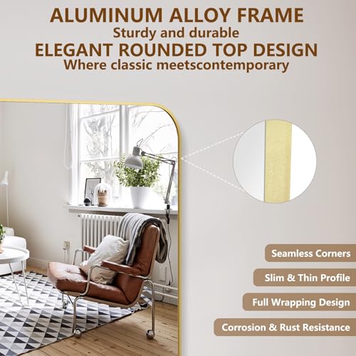 Image of Koonmi Full Length Mirror, 81 inchx41 inch Mirror Full Length with Stand, Gold Domed Top Square-Edged Floor Mirror with Aluminum Alloy Frame for Bedroom Living Room