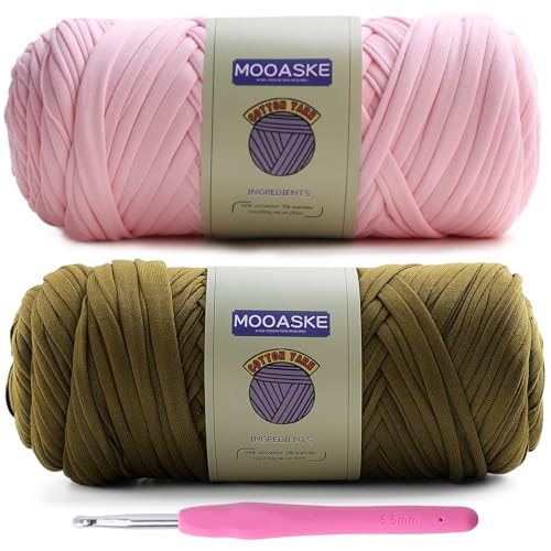 Image of Mooaske 2 Pack T-Shirt Crochet Yarn for DIY Knitting Crochet Cloth Blanket Bag Dolls - 400g Chunky Thick Yarn for Crocheting with Polyester-Spandex Blend Elastic Fabric (Light Pink+Dark Green)