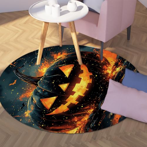 ゴシックスタイルの丸い敷物-ハロウィーンの装飾燃えるカボチャとコウモリのパターンフロアカーペット洗えるソフトローパイル農家のキッチン用 120cm