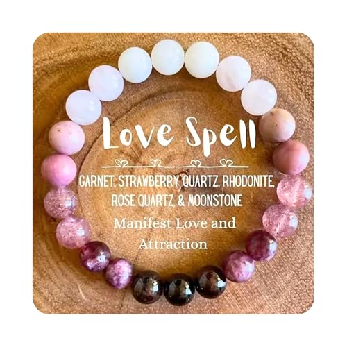 TUQBA Love Energy Crystal Bracelet for Women Garnet, Quartz, Rose Quartz, Rhodonite, Moonstone for Mothers Days Gift, Birthday, Christmas Healing Gemstone Bracelet