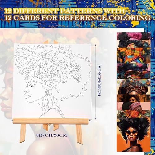 Affrolling 12 Pcs Pre Drawn Canvas for Painting for Adults 8 x 8 Inch Canvas Painting Kits Stretched with Drawing Ready to Paint Beginner Artists Date Night Party Supplies(Black Girl)