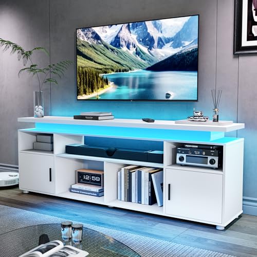 SUNCOZE TV Stand, Entertainment Center with LED Lights and Cabinet for 70/75/80 Inch, Modern TV Console Gaming Media Television Stands with Power Outlets for PS5 in Living Room and Bedroom, White