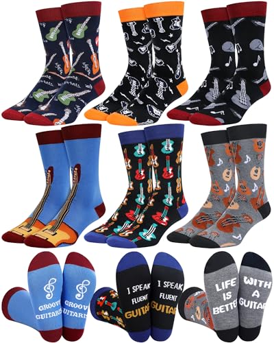 Haysandy 6 Pairs Men Music Socks Guitar Casual Dress Socks Instruments Crew Foot Cover Music Lover Gifts for Father Husband(Guitar Style)