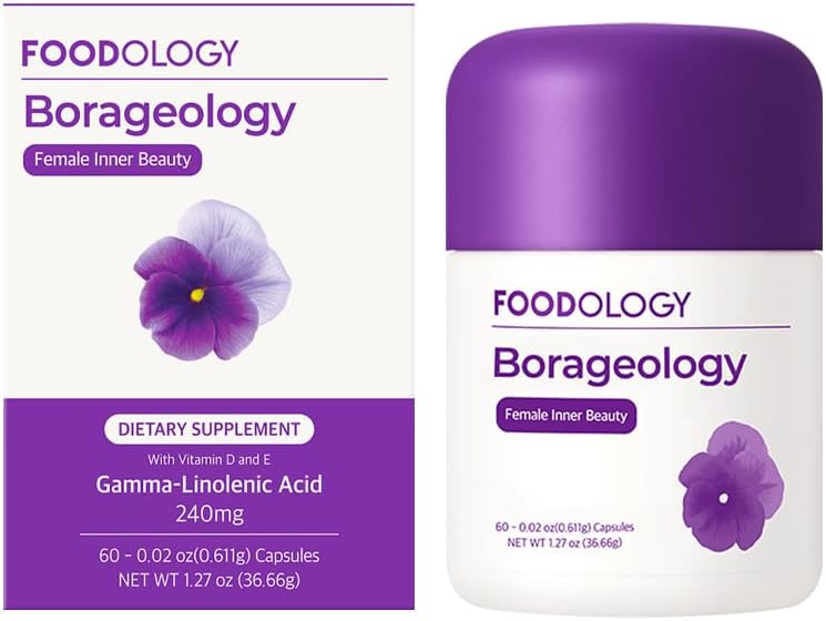 FOODOLOGYBoraology (60 Softgels, 30 Days) - Pure Borage Oil, GLA 240 mg with Vitamin E & D3. Plant-Based Omega 6 Fatty Acid Supplement for Premenstrual Discomfort, Healthy Skin & Hormonal Balance.
