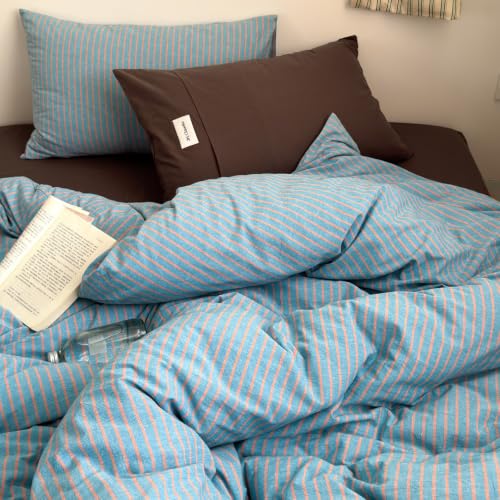 Image of Striped Duvet Cover Set Washed Cotton,Queen(90 inchx90 inch),Pinstripes Blue
