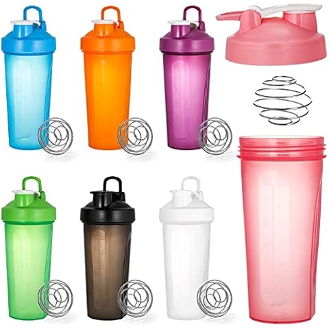 Lyellfe 7 Pack Plastic Shaker Bottle, 24 Oz Protein Shake Bottle for Powder Mixes, Prep Workout, Leak-proof Smoothie Shaker Bottle Cup with Water Level, Wire Whisk Ball, BPA-Free, Dishwasher Safe Cover