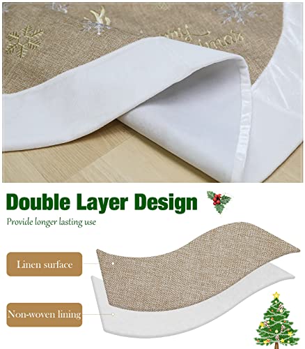 Lewondr Christmas Tree Skirt 48 Inch Burlap Embroidery Reindeer Tree Skirt Snowy Mat Decorations Indoors For Holiday Party Celebration, Khaki & White #TOP2