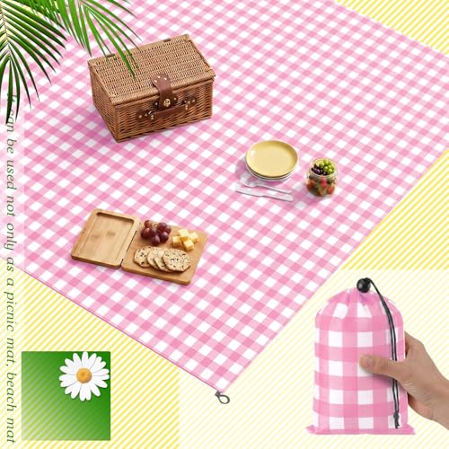 HunnmingRe Gingham Pocket Picnic Blanket Lightweight Portable Compact Beach Mat 55 x 60inch Foldable Fits into Small Bag Sandproof Waterproof Quick Dry Outdoor Blanket for Hiking Camping Travel Pink