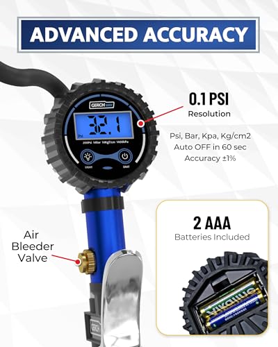 Image of GERCHWAY Presta Valve Air Chuck - Digital Bike Tire Inflator with Pressure Gauge - Schrader to Presta Valve Adapter for Air Compressor