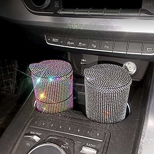 Image of ikasus Bling Crystal Car Ashtray Cigarettes with White Rhinestones Auto Vehicle Air Vent Multifunctional Ash Holder Container with Blue LED Light for Women Car Trash Can